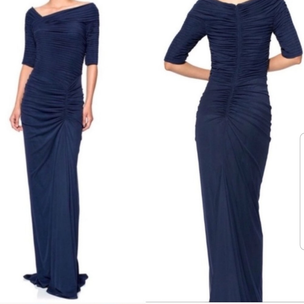 Tadashi Shoji blue ruched formal dress Large